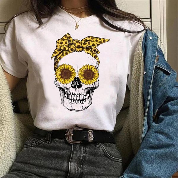 

clothing clothes graphic skull women t shirts sunflower floral funny 90s print halloween lady tees female shirt womens, White