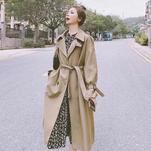 

women's trench coats windbreaker khaki long spring autumn ladies coat korean loose big size simplicity double breasted cloak female, Tan;black