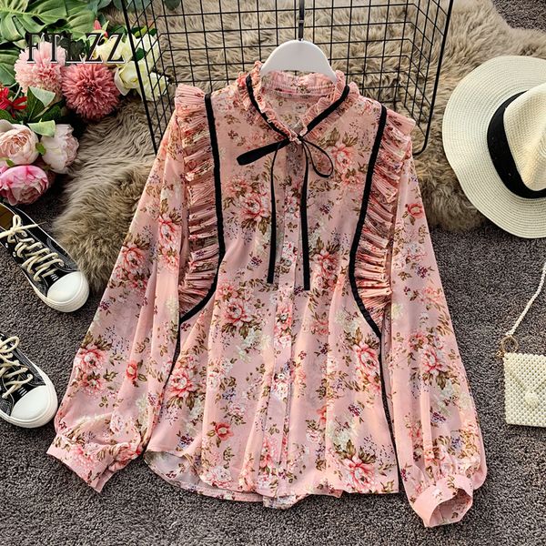 

2021 vintage floral chiffon blouse women spring autumn blousa stand collar long sleeve shirt korean ladies bohemia mujer a1hz, Gray