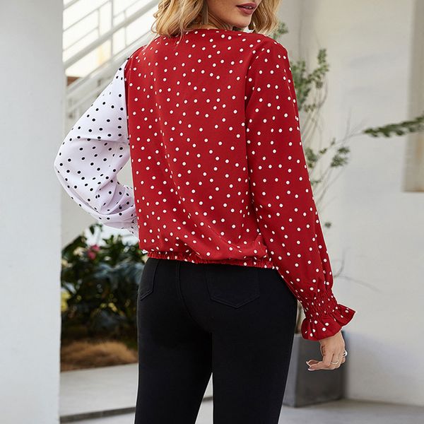 

2021 women fashion long sleeve polka dot v neck patchwork loose blouse casual color block elegant office shirt new suod, White