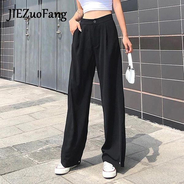 

women's pants & capris jiezuofang punk style hip-hop solid high waist black gothic chic straight autumn sweatpant streetwear long 2021, Black;white