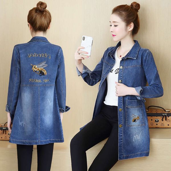 

20212021 spring and autumn new large size denim jacket women's medium length korean cardigan versatile embroidery long sleeve bf windbr, Tan;black