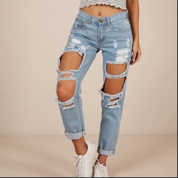 

beggar women jean knee big hole ripped distressed jeans for high waist boyfriend destroyed denim woman broken pants, Blue