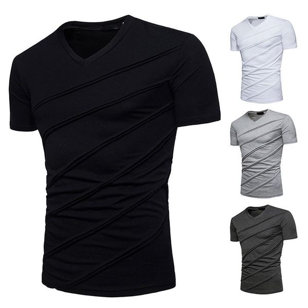

men's t-shirts 2021 style fashion pleated design tide v-neck short-sleeved t-shirt solid color 7-q83, White;black