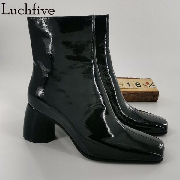

boots genuine leather women's hoof high heels party shoes square toe femme zipper black woman