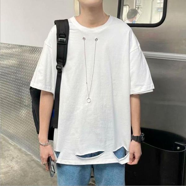 

men's t-shirts hip hop t shirt men casual cotton high street pendant hole t-shirt tees black white summer loose camiseta hombre, White;black