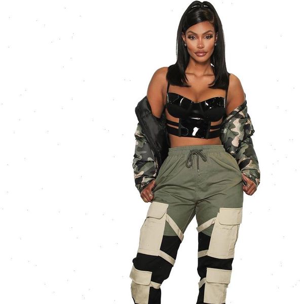 

causal women pants color patchwork streetwear pockets trousers cargo autumn and winter sweatpants women drop shipping, Black;white