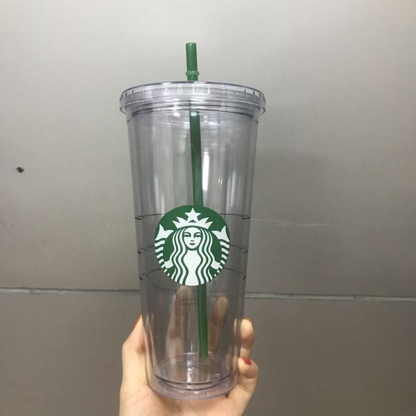

starbucks mugs 24oz 710ml plastic cups reusable doublelayer transparent coffee flat straw column cover bdian cup milk teacup 1265