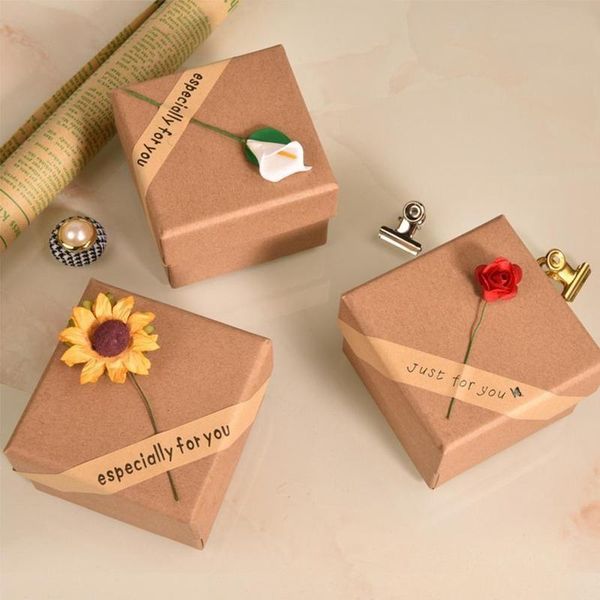 

1pc vintage kraft paper gift box with dried sunflowers and label earrings rings storage jewelry box gifts packaging