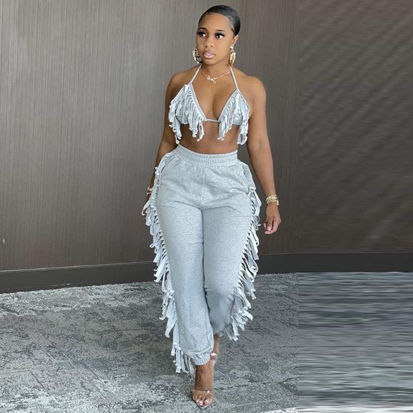 

women's swimwear tassels patchwork casual two piece jogging suit for women halter backless bra and elastic waist sweatpant co-ord track, White;black