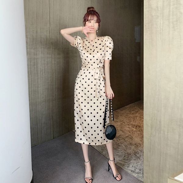 

new arrival fashion party club women elegant summer vintage puff sleeve v-neck temperament office lady dot a-line dress 5s6c, White;black