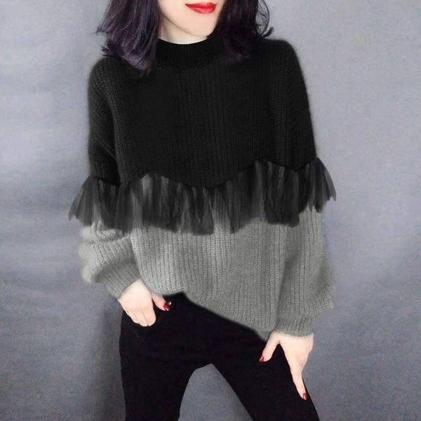 

2021round neck stitching fake two piece thickened sweater 2020 winter women's new european fashion, White;black