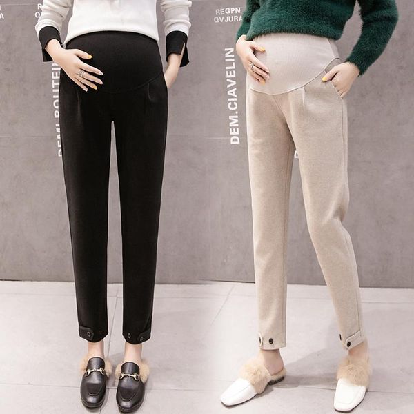 

maternity bottoms autumn winter korean fashion woolen pants adjustable belly clothes for pregnant women pregnancy trousers, White