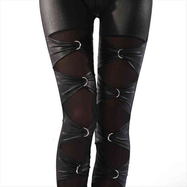 

high street fashion imitation womens leggings leather gothic metal ring bow striped cross pants slim fitted rivet disco pant, Black