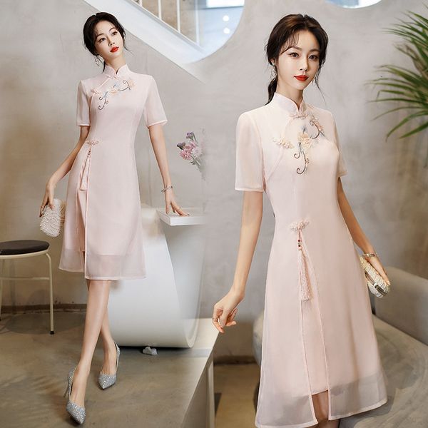 

luxury casual dresses cheongsam modified dr's 2021 summer waist temperament small gauze net chine style skirt, Black;gray