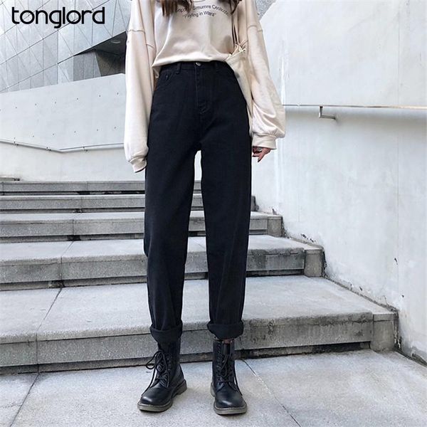 

tonglord straight demin long pants women's 2021 spring autumn new black solid high waist loose cotton cigarette trousers female, Black;white