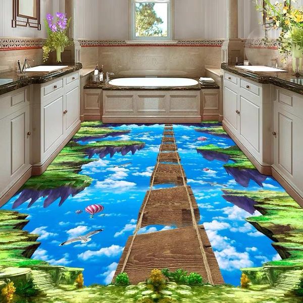 

wallpapers (custom any size) pvc po wallpaper 3d blue sky white clouds floor mural sticker wood bridge walkway outdoor
