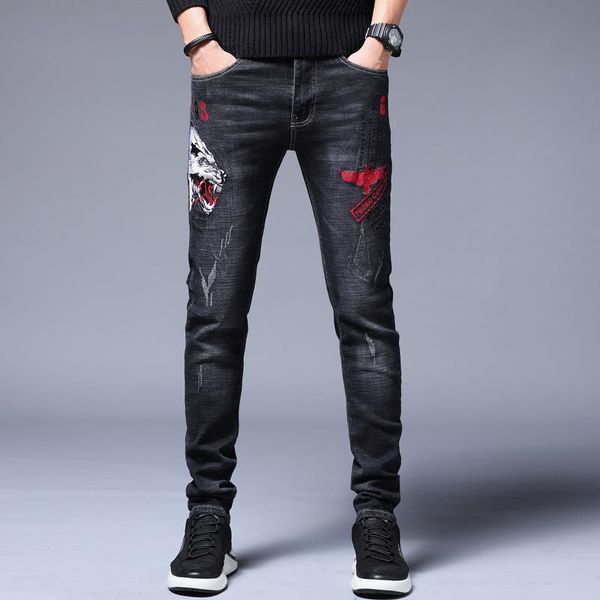 

men's jeans wimilous fund of autumn winters is fashion wash feet embroidery flower stretch cultivate one's morality, Blue