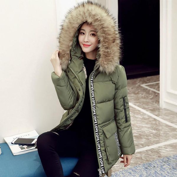

2017 winter new parkas fashion plus size short hooded fur collar jacket thick zipper letters print coat cotton female outwears1, Black