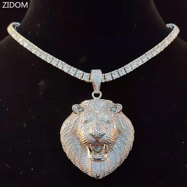 

pendant necklaces men hip hop lion 's head necklace with 4mm zircon tennis chain iced out bling hiphop male jewelry fashion gift, Silver