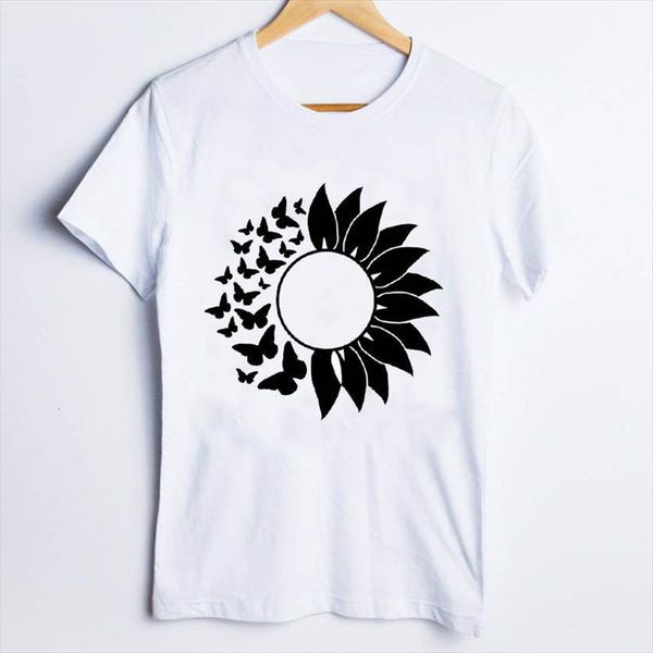 

tees print butterfly sunflower 90s womens t shirts floral printing short sleeve clothes lady clothing female shirt, White
