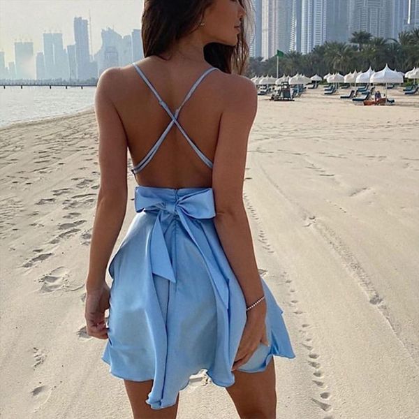 

40 backless satin womens dresses fashion solid color v neck bow suspender sleeveless bandage slim dress, Black;gray