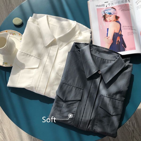 

2021 new duas cores blusa simples seda algodo manga comprida bolsos duplos turn-down colarinho ol camisa e pjwg, Black