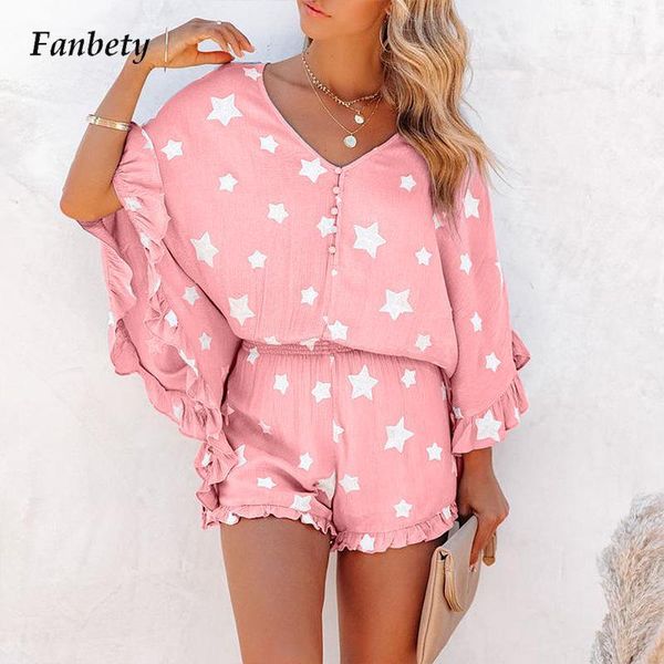 

women's tracksuits women spring star print shorts suit v neck buttoned 3/4 batwing sleeve blouse outfits summer harajuku loose ruffle t, Gray