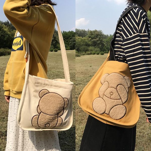 

women canvas shoulder bag both side embroidery cute bear pattern crossbody messenger bags cloth books bag for college girls