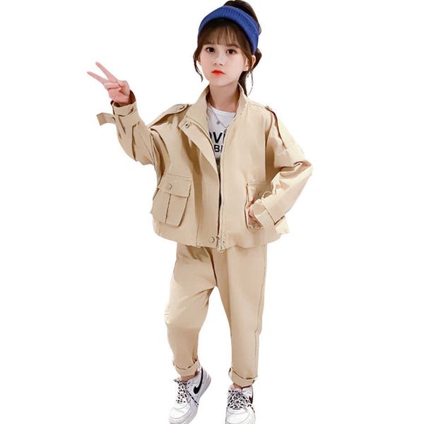 Kleidung für Mädchen Feste Farbe Kinderjacke + Cargo Hosen Outfit lässige Kinderstil Kinder Kleidung 210528