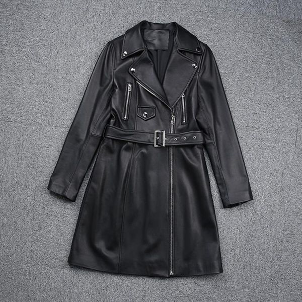 

women's leather & faux autumn designer biker overcoat sheepskin belt trench coat c769, Black