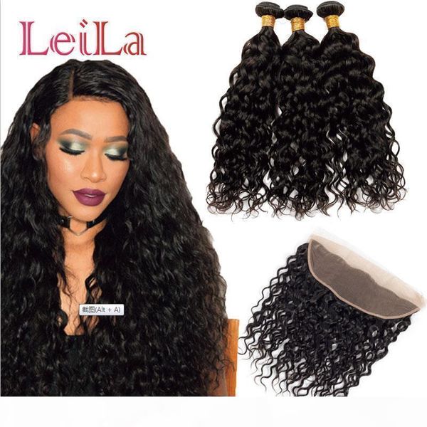 

leila 2 bundles with 13 x 4 lace frontal brazilian water wave hair weaves extensions bundles with frontal human hair 3 pieces lot, Black;brown