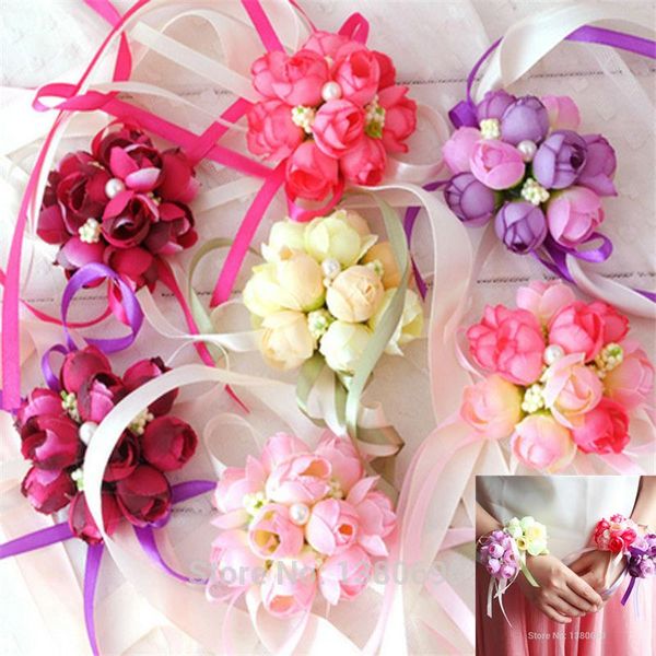 

decorative flowers & wreaths 1pc artificial hand flower wedding decoration bridesmaid silk rose wrist corsage bride party supply