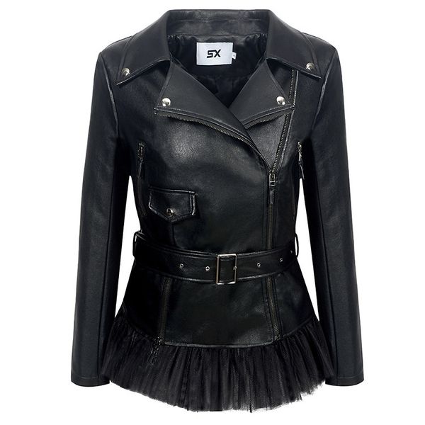 

leather jacket lapel zipper with mesh stitching at hem and pu for women, Black