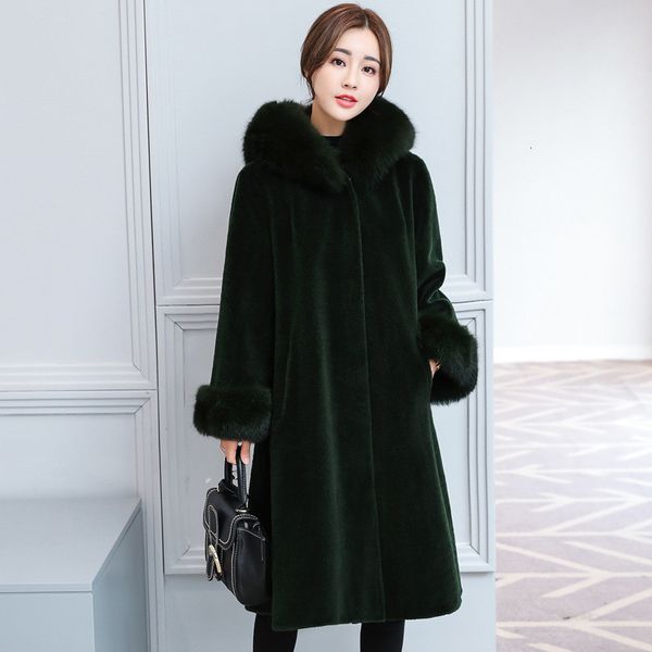 

2021 new fox woman faux collar coat female warm winter jacket women hooded fur coats thick women's jackets abrigo wxf549 64lu, Black