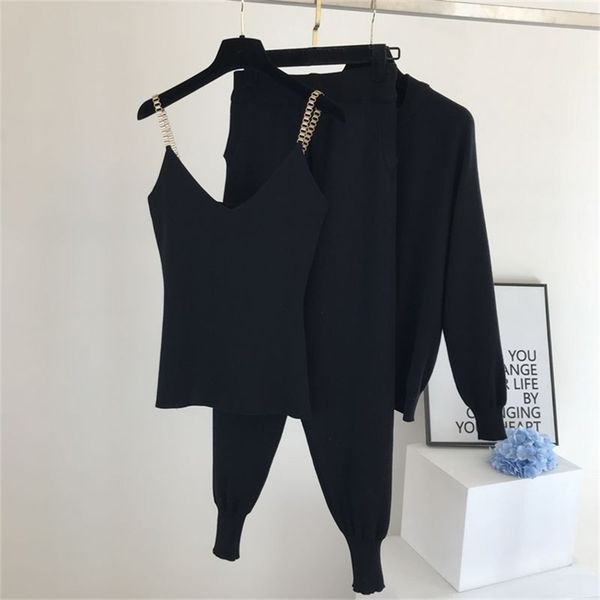 

autumn winter sweatsuits sweet chain vest knitwear + elastic pants three-piece set women three piece outfits 210603, White
