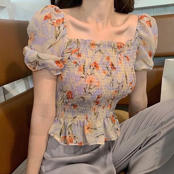 

chiffon sweet slim women blouses floral print crop trendy wild slash neck short sleeve pleated blouse, White