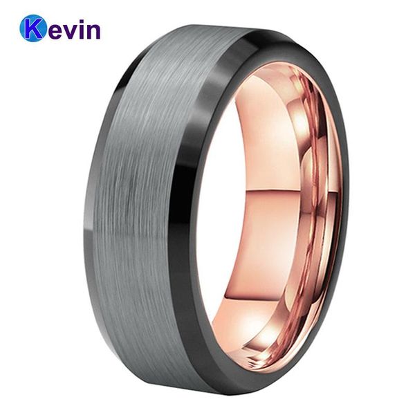 

wedding rings mens tungsten band black rose gold ring with beveled brushed finish 8mm comfort fit, Slivery;golden