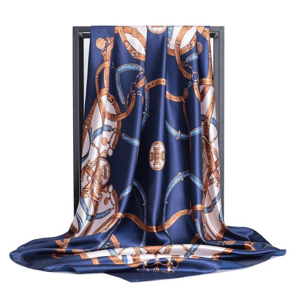 

scarves 2021 spring square scarf women design chain print silk feeling hair band foulard female 90x90cm neckerchief lady bandana, Blue;gray