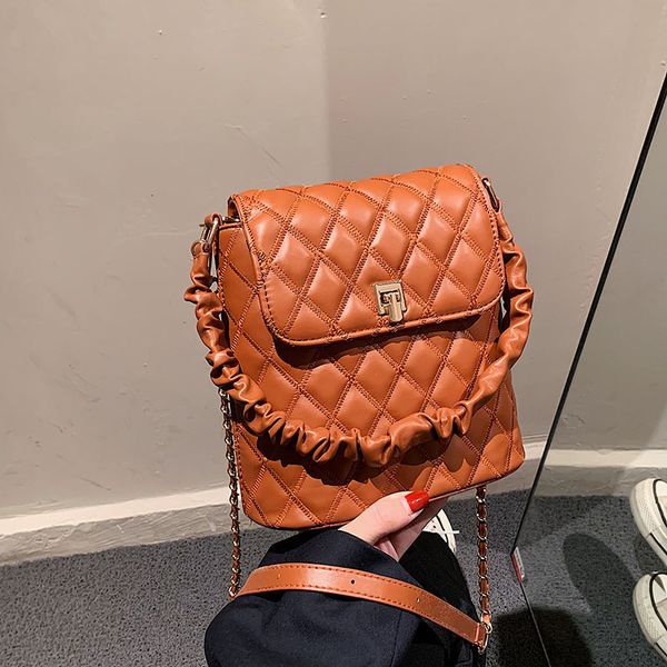 

hangbags texture foreign style rhombic pleated single shoulder chain women's bag buckle 2021 autumn and winter small messenger bucket