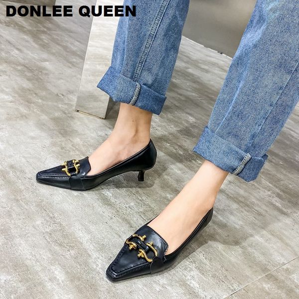 

2020 new spring med heel pumps shoes women brand metal buckle shoe for party fashion square toe retro pumps shallow casual shoes, Black