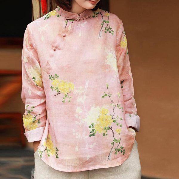 

women's blouses & shirts fairynatural ladies chinese style pink and long sleeve autumn summer girls print floral ramie stand collar, White