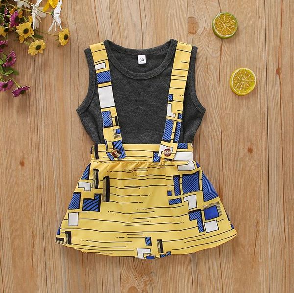 

clothing sets 2021 summer style kids girls two piece set solid sleeveless vest + abstract pattern detachable suspender skirt, White