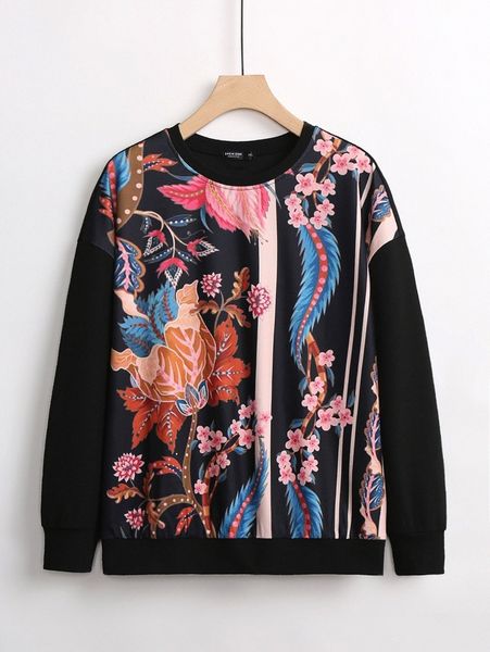 

plus floral print drop shoulder pullover v3s2#, Black