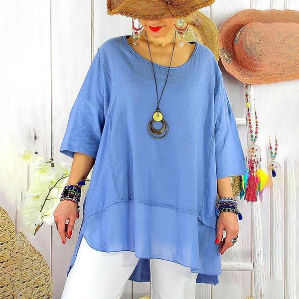 

women's blouses & shirts for women summer 2021 three quarter sleeve solid and blouse loose woman round collar elegant, White