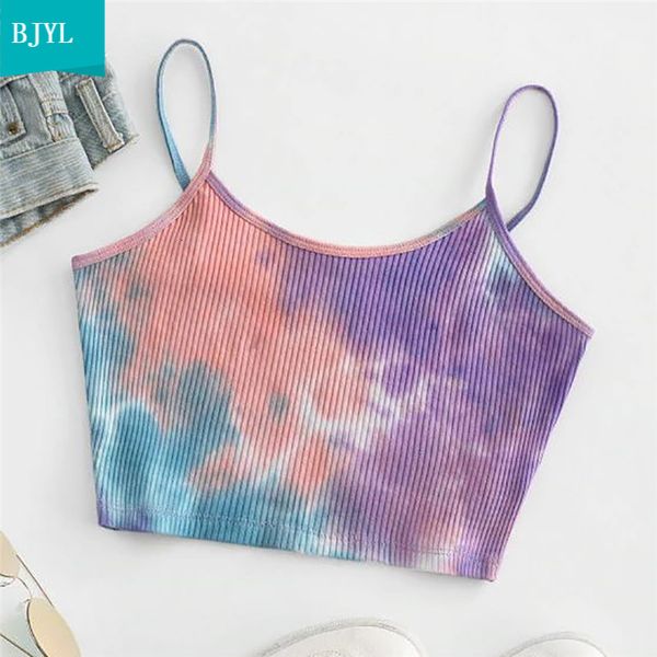 

2021 new fashion women summer tie dye ribbed knitted crop camis female casual tank vest sleeveless streetwear clubwear d0ks, White