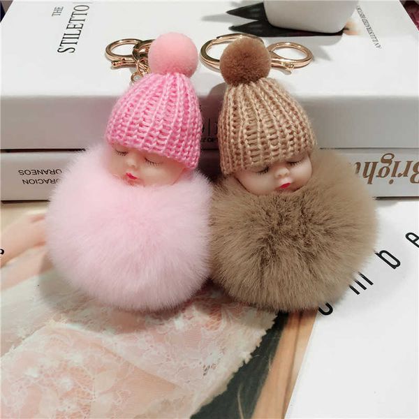 

1pc sleeping baby doll pompoms keychain soft fur ball pom key chains woman bag jewelry accessories plush kawaii