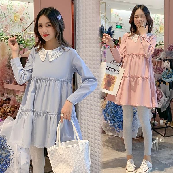 

maternity dresses 8226# clothes spring autumn turn down collar cotton long sleeves loose stylish dress for pregnant women mom, White
