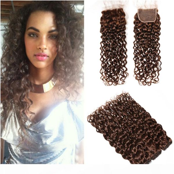 

#4 dark brown wet and wavy human hair lace clsoure 4x4 with bundles chocolate brown water wave brazilian human hair weaves with closure, Black;brown