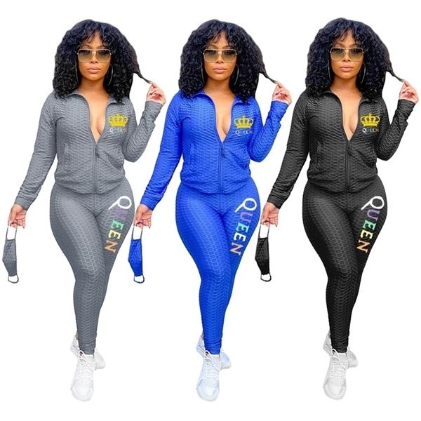 

with face mask women tracksuit two piece queen letters zipper jackets coats pants trousers girls autumn yoga jogger suit outfits h2xwik, White
